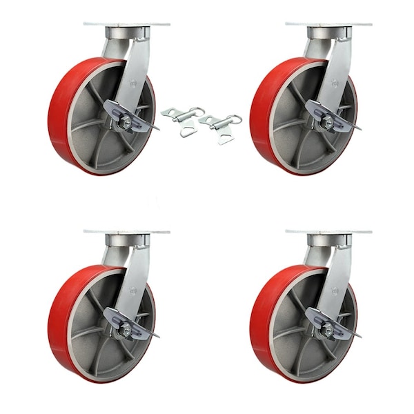 Service Caster 12'' Heavy Duty Red Poly on Cast Iron Caster Set 4 Brakes 2 Swivel Locks, 4PK CRAN-KP92S1230-PUR-RS-SLB-BSL-2-SLB2 - main
